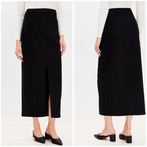 Loft Black Denim Midi Skirt Size 0 Sparkle Pinstripe Holiday Party - Picture 2 of 11